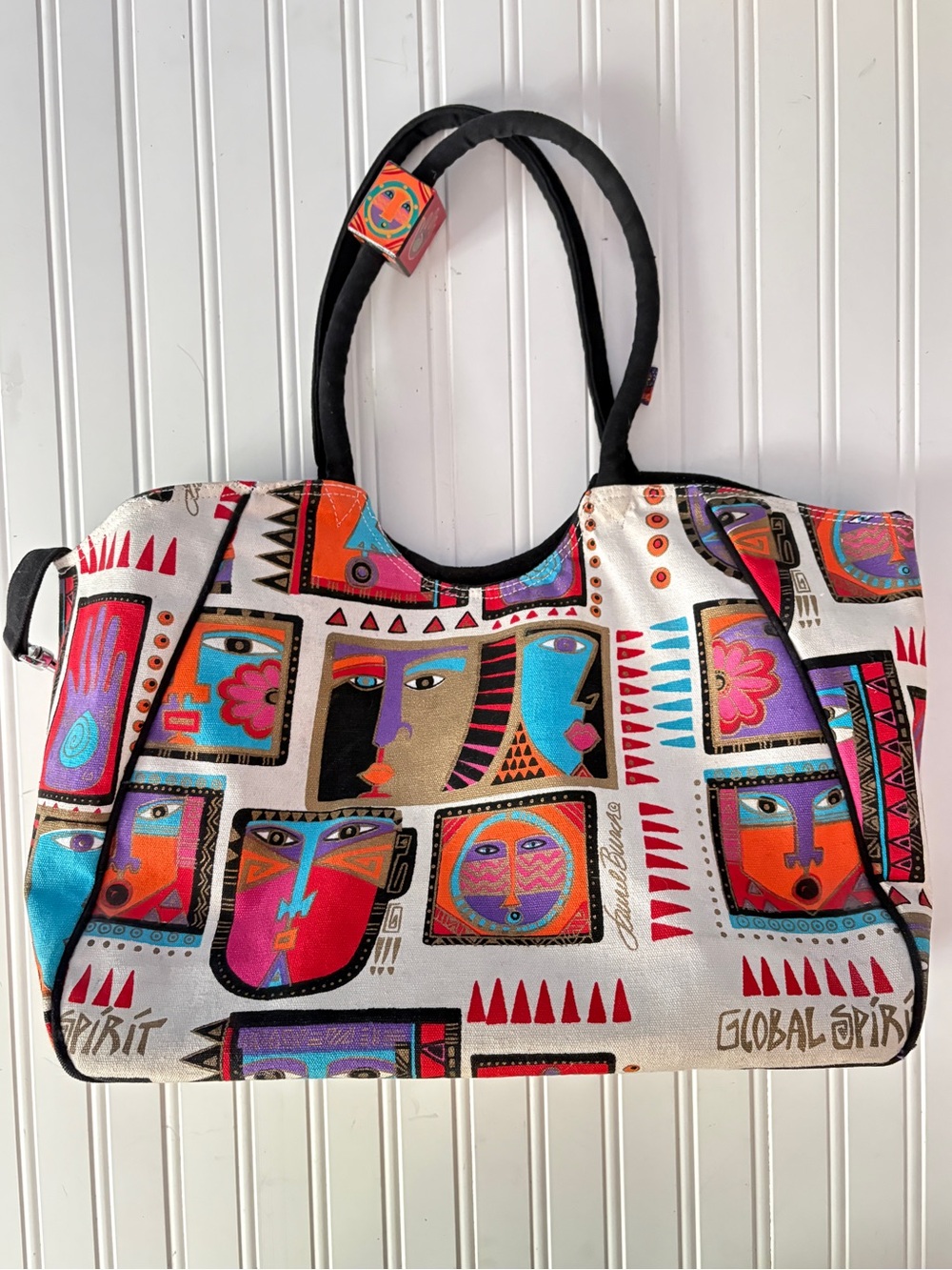 Laurel Burch Sun and Sand canvas tote bag with abstract global spirit print